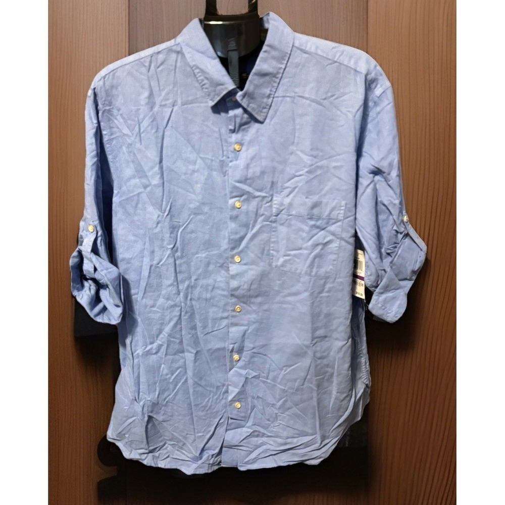 NWT Tasso Elba Island Mens 2X Blue Linen Cotton Shirt Long Sleeve Roll Tab